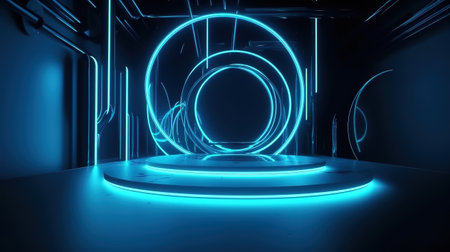 Bright blue neon abstract flowing rings or bands. Generative Aiの素材