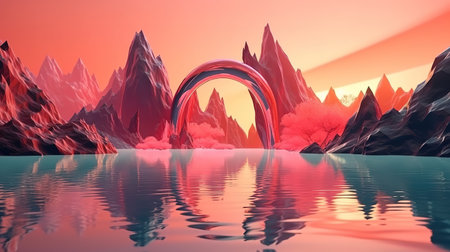 mirror arches. Fantastic landscape wallpaper, Bright color. Generative Aiの素材