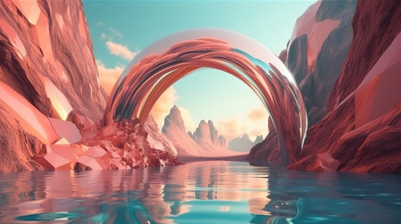 mirror arches. Fantastic landscape wallpaper, Bright color. Generative Aiの素材