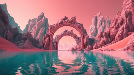 3d render. Abstract surreal seascape background with rocky mountains. Generative Aiの素材