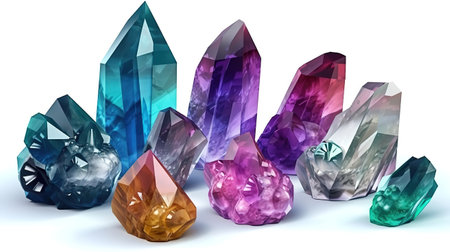 3d render, set of colorful crystals, Collection of geological minerals. Generative Aiの素材