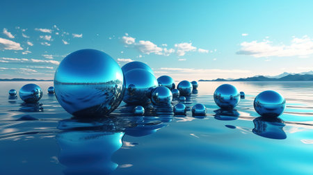 panoramic landscape, fantastic scenery with glossy chrome balls. Generative Aiの素材