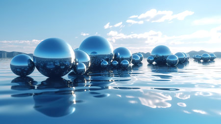 silver sphere inside the calm water, under the blue gradient sky. Generative Aiの素材