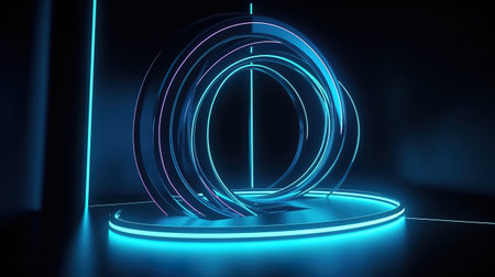 Bright blue neon abstract flowing rings or bands. Generative Aiの素材