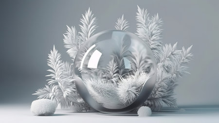 Frozen spruce twigs. Silver white holiday wallpaper, Bright color. Generative Aiの素材