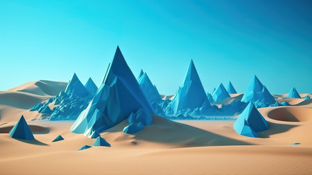 Desert landscape with sand water and glossy metallic triangles. Generative Aiの素材
