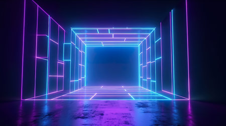 3d render, abstract neon background with square frame. Generative Aiの素材