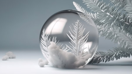 Frozen spruce twigs. Silver white holiday wallpaper, Bright color. Generative Aiの素材