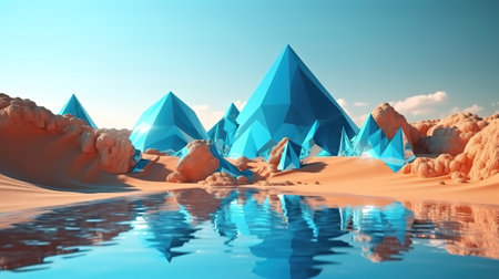 Desert landscape with sand water and glossy metallic triangles. Generative Aiの素材