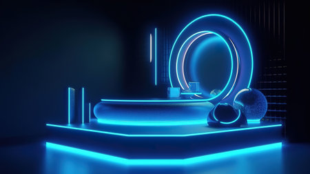 Futuristic Christmas showcase with podium and glowing round frame. Generative Aiの素材