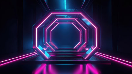 3d render, blue pink neon hexagonal frame. Generative Aiの素材