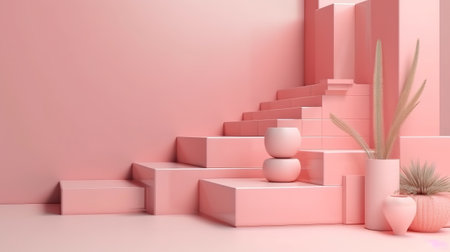 3d render, pink stairs, steps, abstract background in pastel colors. Generative Aiの素材