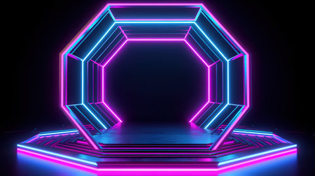 3d render, blue pink neon hexagonal frame. Generative Aiの素材