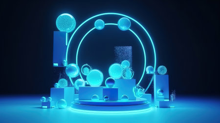 Futuristic Christmas showcase with podium and glowing round frame. Generative Aiの素材