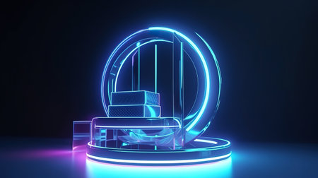3d render, empty stage with neon light and gift boxes. Generative Aiの素材