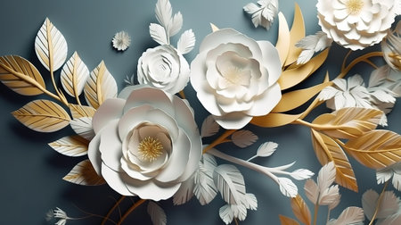 3d golden flowers on beige background. Generative Aiの素材