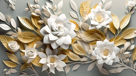 golden leaves, floral botanical wallpaper, Bright color. Generative Aiの素材