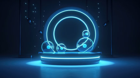 Festive showcase with podium and glowing round frame. Generative Aiの素材