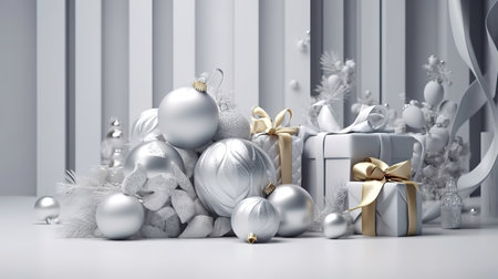 3d render, white silver background with Christmas ornaments. Generative Aiの素材
