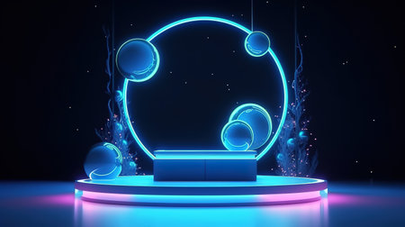 Festive showcase with podium and glowing round frame. Generative Aiの素材