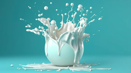 3d render, milk splash clip art isolated on turquoise blue background. Generative Aiの素材