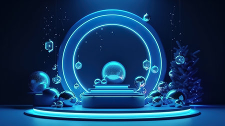 Festive showcase with podium and glowing round frame. Generative Aiの素材