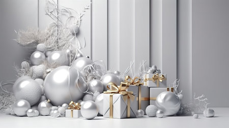 Empty glass ball, wrapped gift boxes with golden ribbons. Generative Aiの素材