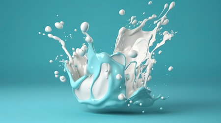 3d render, milk splash clip art isolated on turquoise blue background. Generative Aiの素材