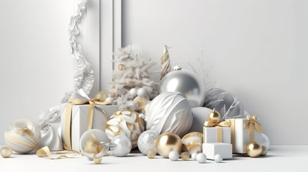 Empty glass ball, wrapped gift boxes with golden ribbons. Generative Aiの素材
