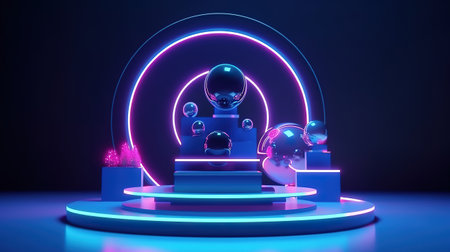 3d render, futuristic empty stage with neon light. Generative Aiの素材