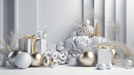 3d render, white silver background with Christmas ornaments. Generative Aiの素材