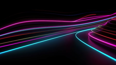 3d render, abstract black background with pink blue neon lines. Generative Aiの素材