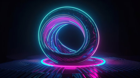 3d render, abstract geometric neon background, glowing spiral line. Generative Aiの素材