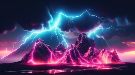 Abstract landscape background with glowing neon bolt symbol. Generative Aiの素材