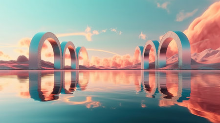 Flat geometric mirror arches and plain gradient sky. Generative Aiの素材