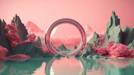 Fantastic landscape with water, rocks, round mirror, chrome arch, neon ring. Generative Aiの素材