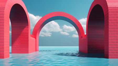 3d render, surreal seascape with red arches. Generative Aiの素材