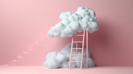 Stairs leading to sky minimalist cartoon design with ladder. Generative Aiの素材