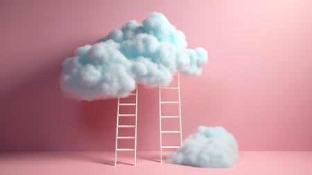 3d render, white fluffy cloud above the blue ladder. Generative Aiの素材