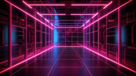 cyber space with grid, glowing with violet red neon light. Generative Aiの素材