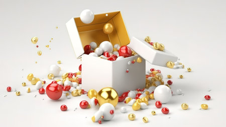 3d render, white and gold Christmas ornaments, candies. Generative Aiの素材
