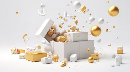 Gift 3d boxes with golden ribbon and bow. Generative Aiの素材