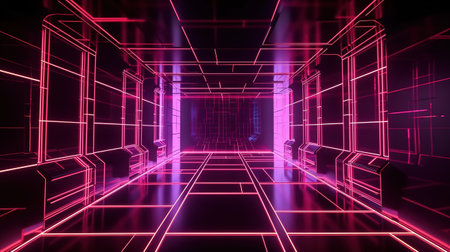 cyber space with grid, glowing with violet red neon light. Generative Aiの素材