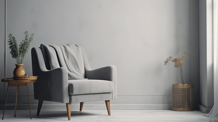 Stylish grey armchair and beautiful painting near white wall. Generative Aiの素材