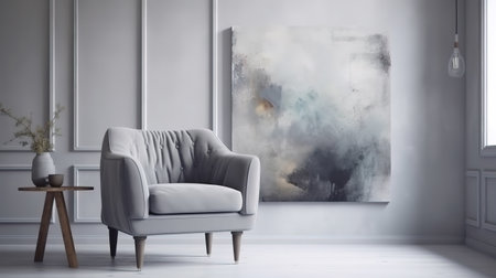 Stylish grey armchair and beautiful painting near white wall. Generative Aiの素材