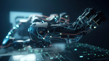 A robotic arm assembles chips on a circuit board. Generative Aiの素材