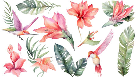 Orchid flowers, humming bird, palm leaf. Generative Aiの素材
