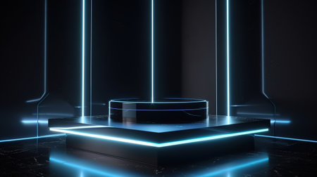 Futuristic dark podium with light and reflection background. Generative Aiの素材