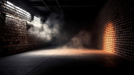 concrete floor tiles. Neon light, spotlight, smoke. Generative Aiの素材