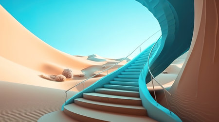 Desert landscape with sand dunes and mirror stairs under the clear blue sky. Generative Aiの素材